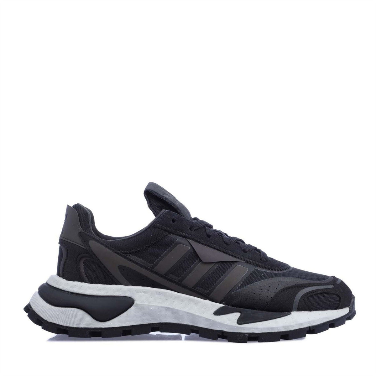Black low-top trainers with gray three-stripe panels and white cushioned sole