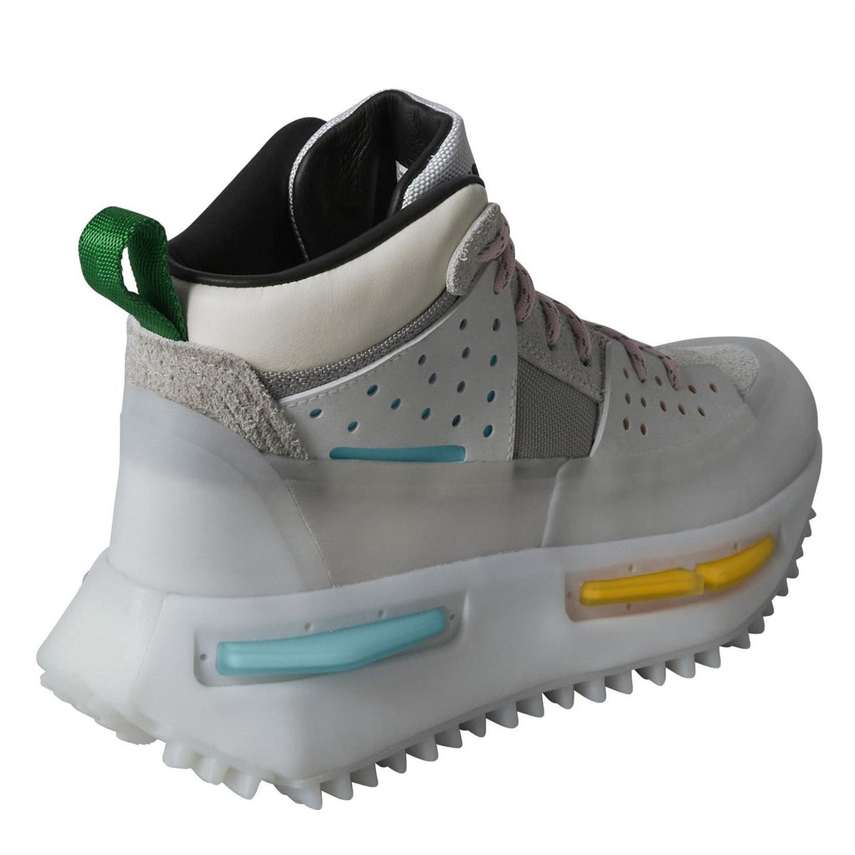 White high-top sneaker rear view with green pull tab and colorful midsole pods.
