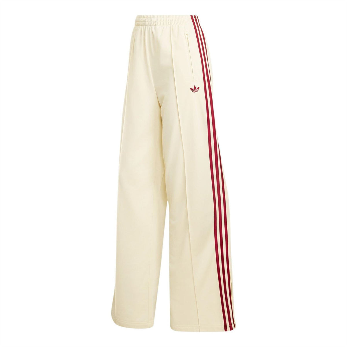 Cream womens jogger pants with red side stripes and Adidas trefoil logo