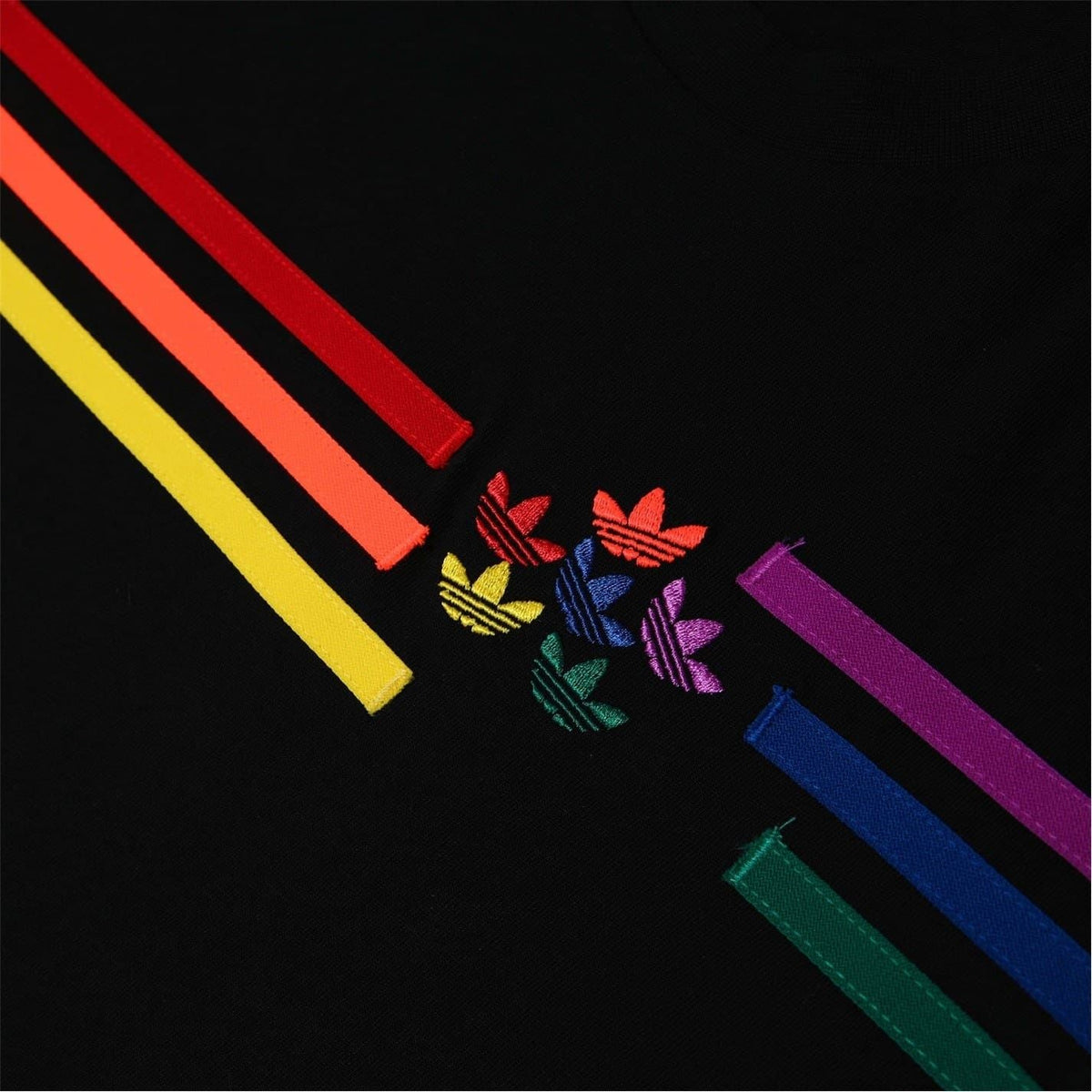 Black crew-neck short-sleeve T-shirt close-up of multicolor stripes and floral logo