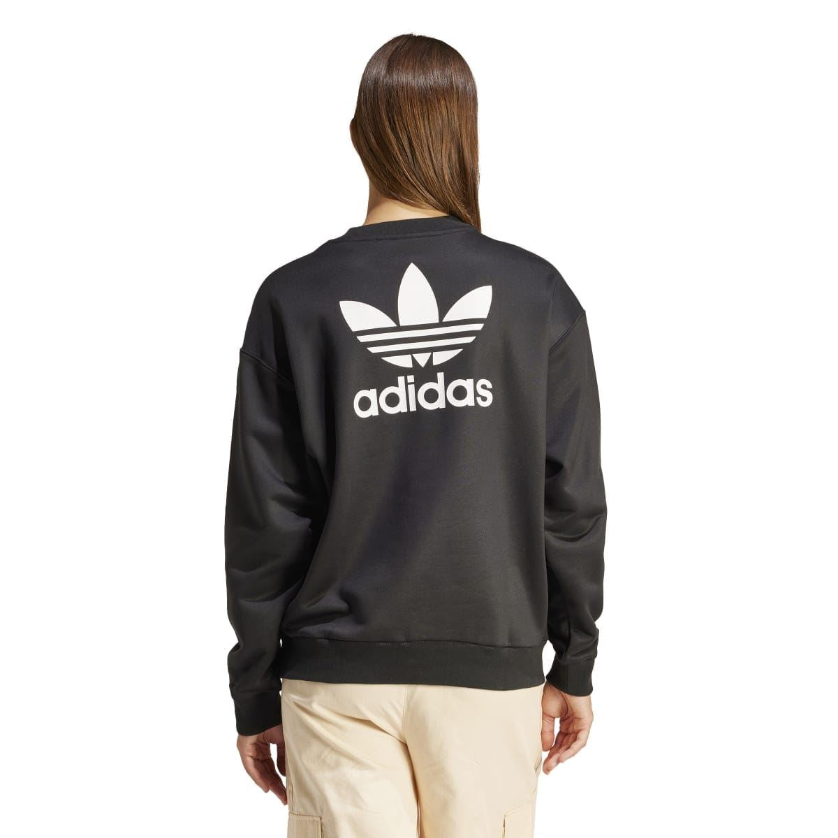 Back view of black adidas Originals crew sweatshirt with large trefoil logo