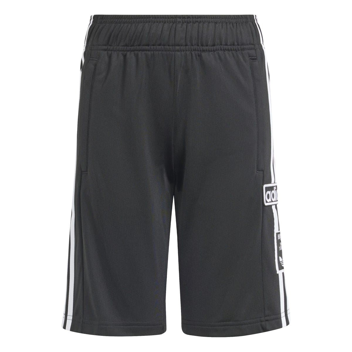Black juniors track shorts with elastic waistband and white side stripe trim