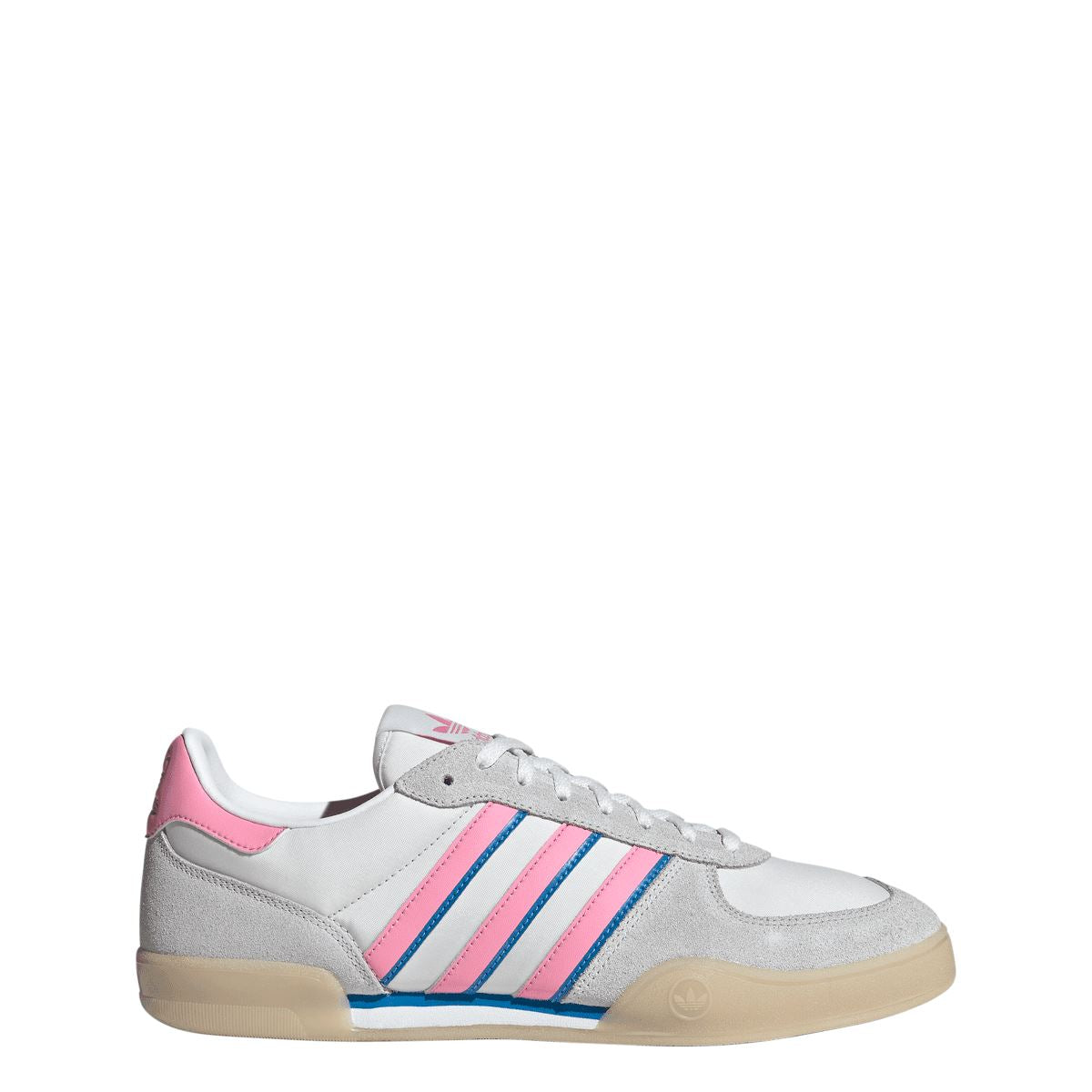 adidas Originals indoor sneaker, light grey leather with pink and blue stripe details