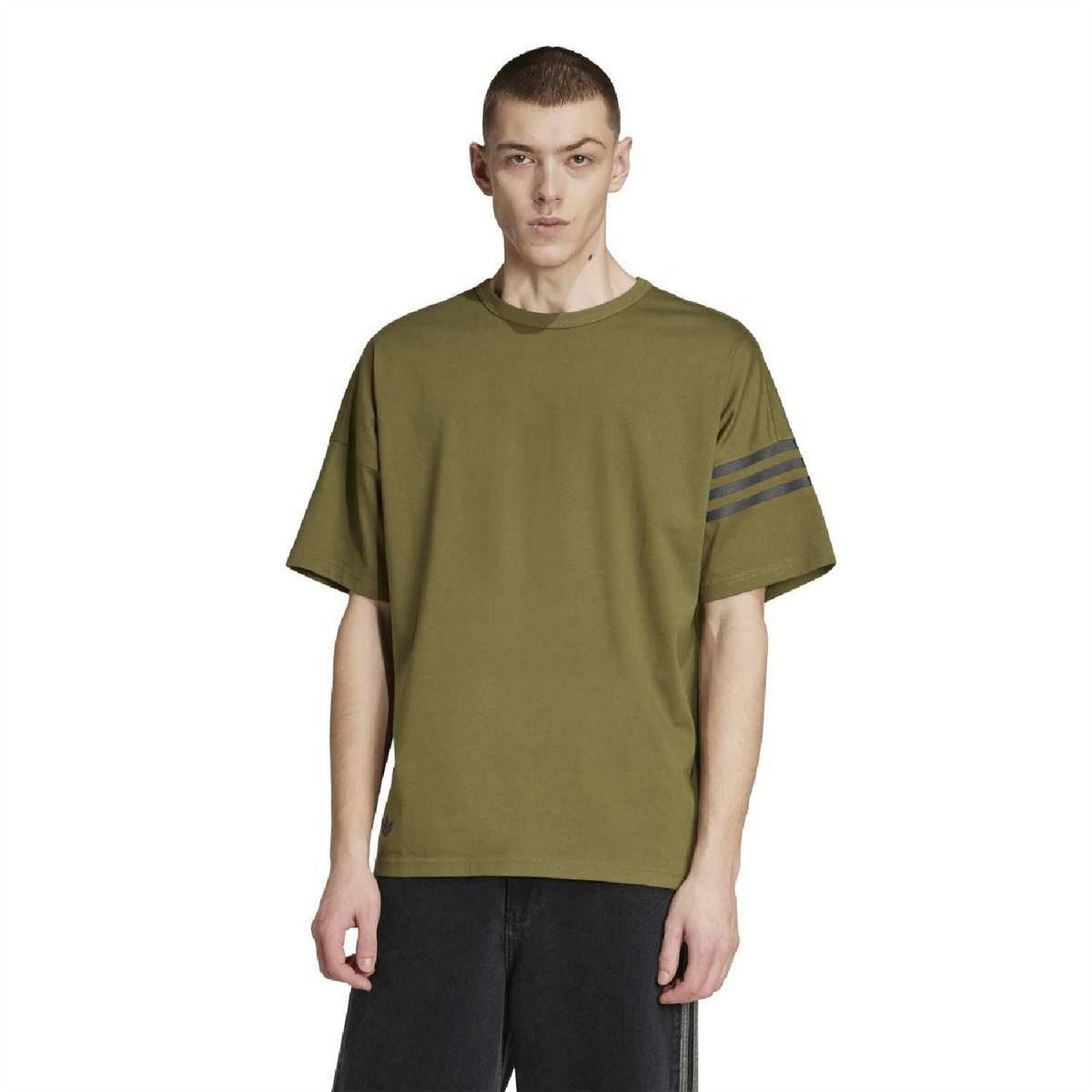 Focus olive crew-neck T-shirt with adidas side stripes, relaxed fit