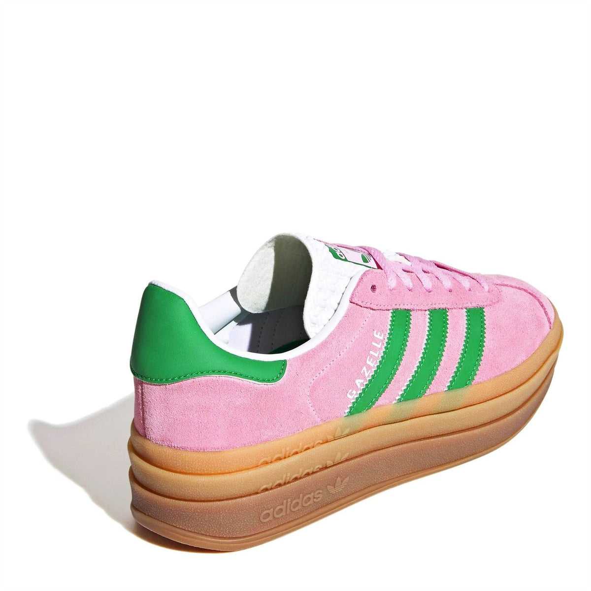 Pink adidas Gazelle Bold trainers with green heel tab, gum platform sole, and laces