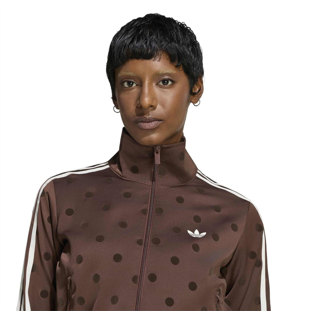 adidas Originals hooded track jacket close-up, auburn brown with dark polka dots
