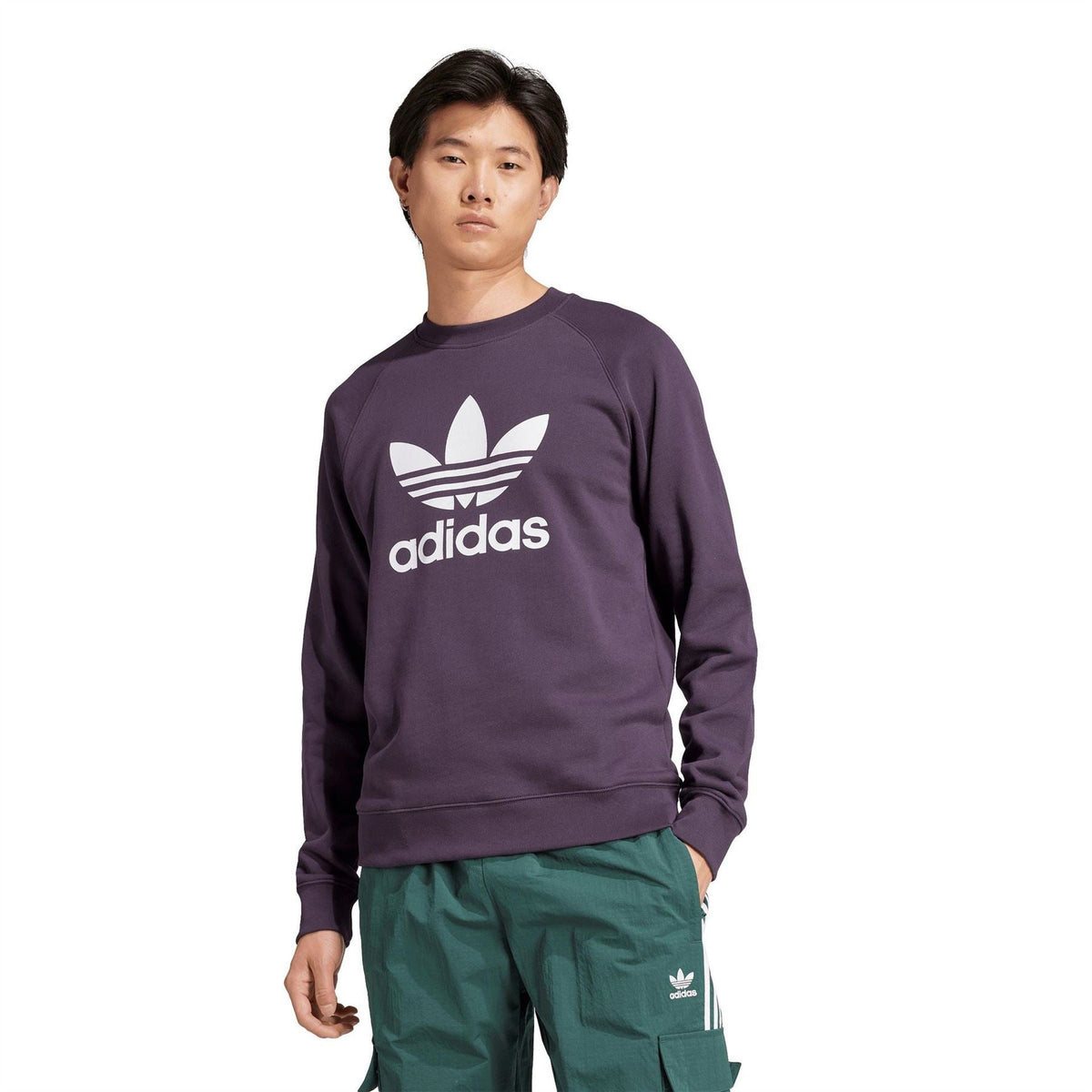 Dark purple crew sweatshirt with Trefoil logo and adidas wordmark, worn with green pants.