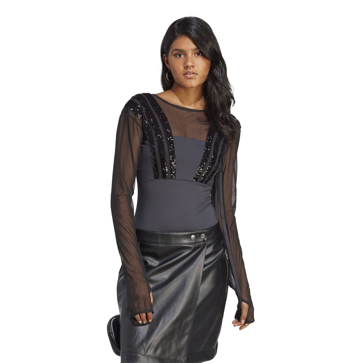 Black slim-fit long-sleeve bodysuit with sheer sleeves and front sequin stripes