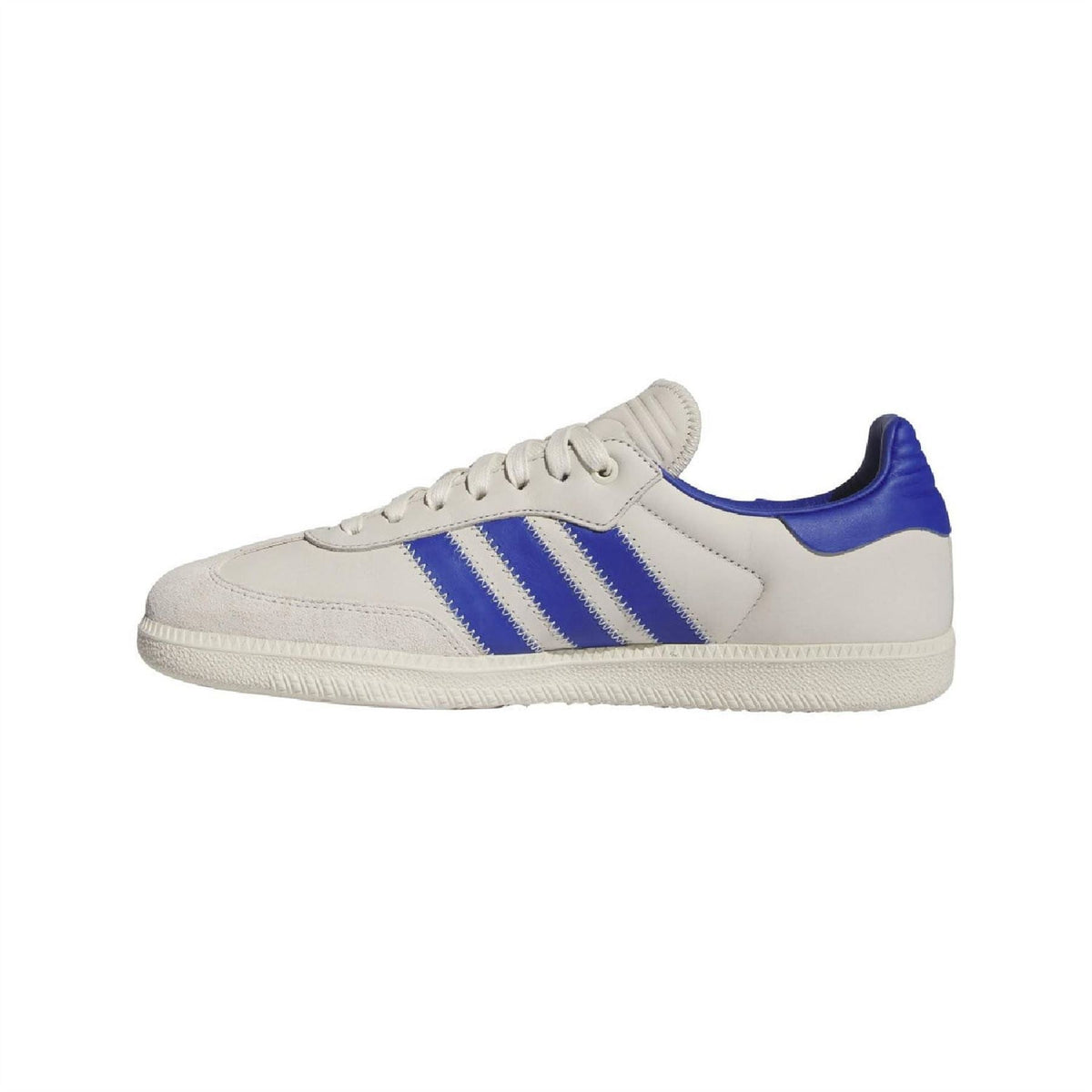 White and blue adidas Originals Samba trainers, lace-up side profile with blue heel