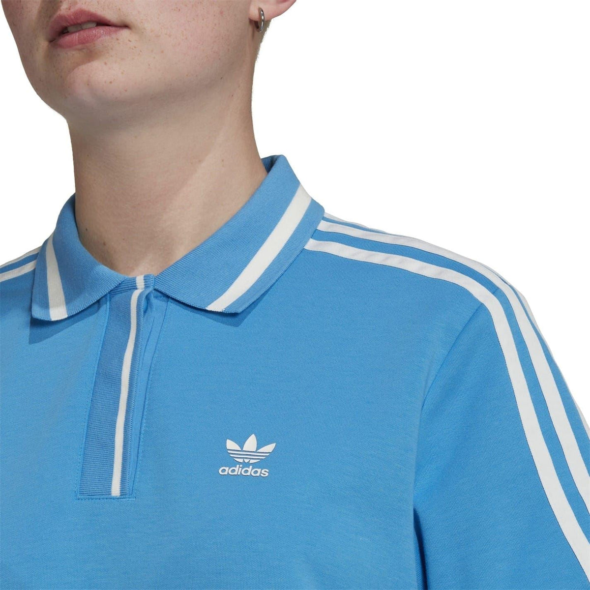 adidas Originals maternity polo dress collar close-up, blue with logo and striped trim