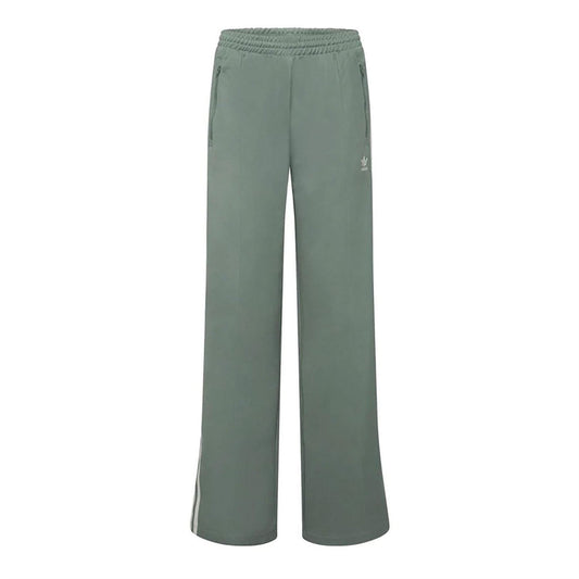 Green adidas track pants with elastic waistband and side stripe, trefoil logo