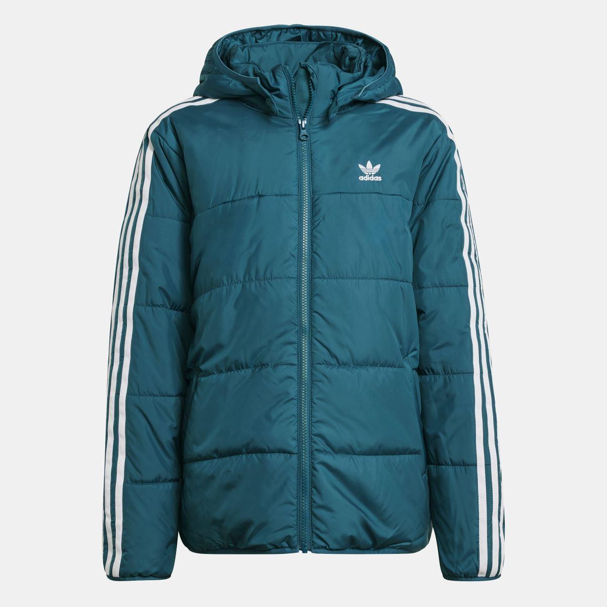 Front view of kids adidas teal padded hooded jacket with full zip and white stripes