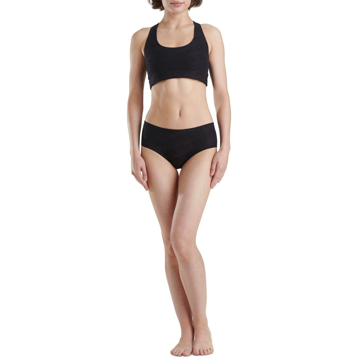 Women's black racer back crop top with wide scoop neckline and slim racerback straps.