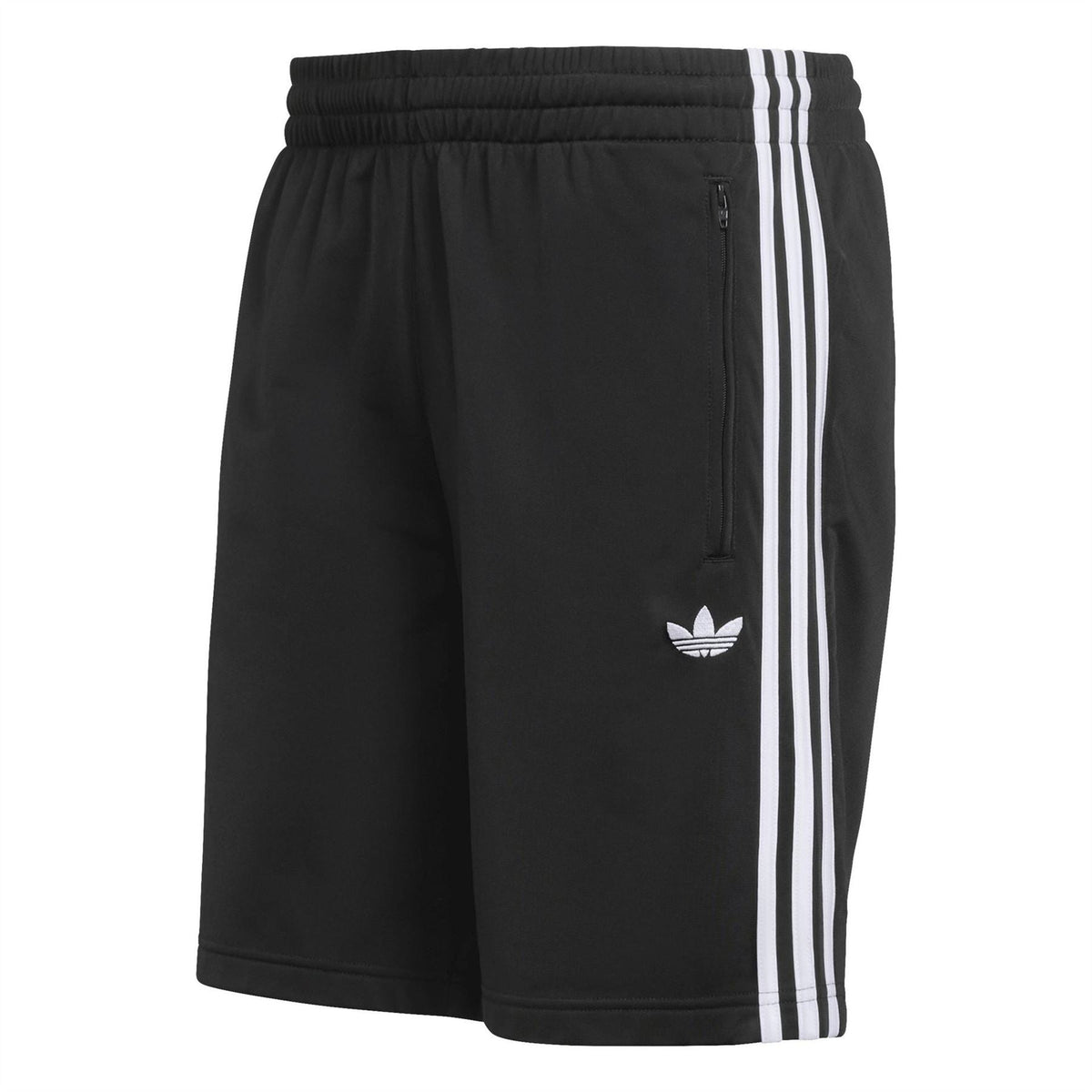 Black woven track shorts with elastic waist, zip pocket, and white side stripes