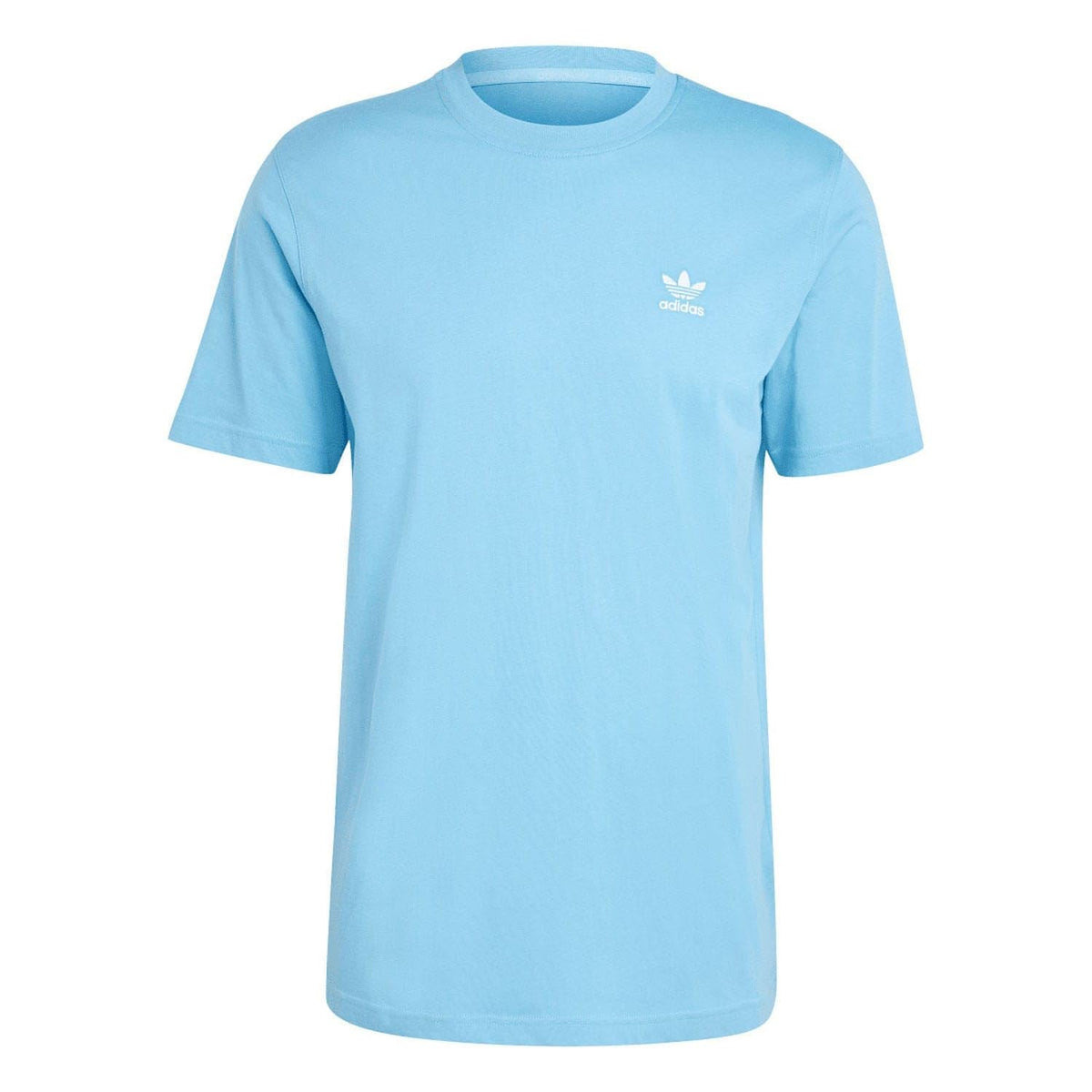 Blue crew-neck T-shirt with small adidas trefoil logo on chest and short sleeves