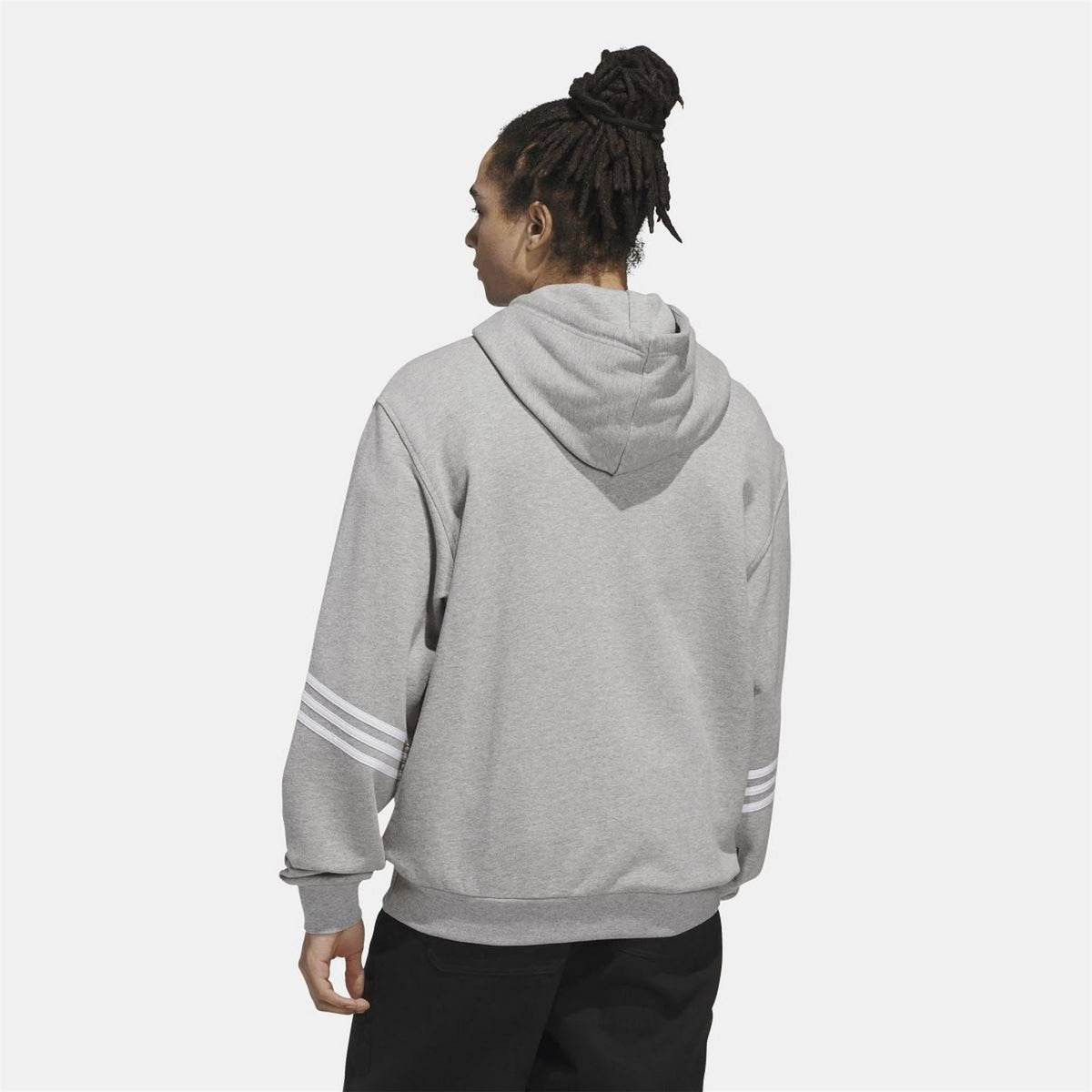 Grey adidas Originals hoodie back view with hood and striped sleeve bands