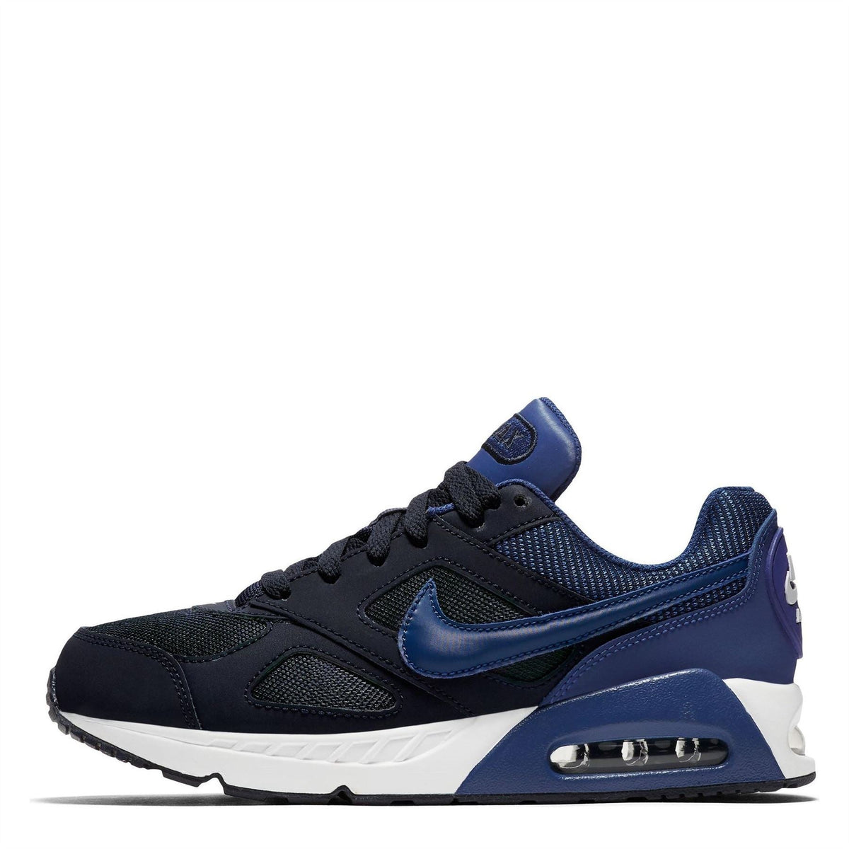 Navy/black junior Air Max sneaker with blue accents, white midsole, and Air Max pod