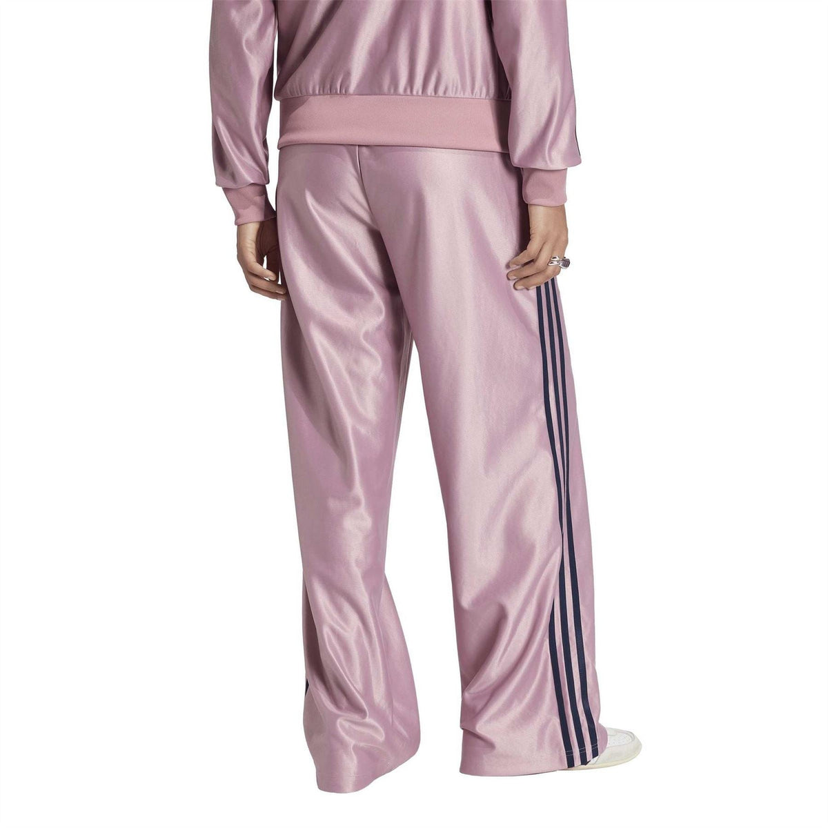 Womens mauve track pants with straight wide legs and side triple stripe detail