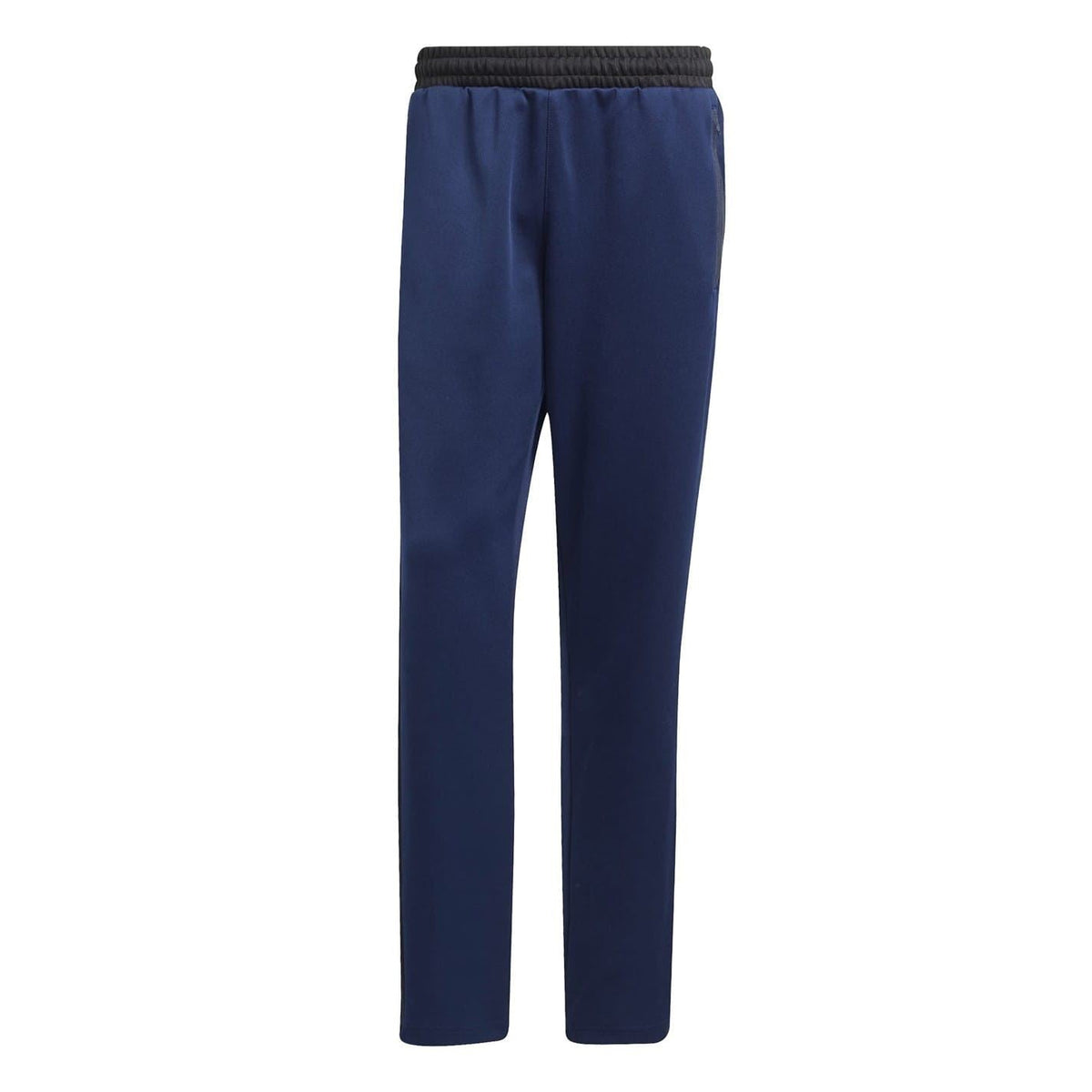 Navy blue straight joggers with elastic waistband and side stripe pattern