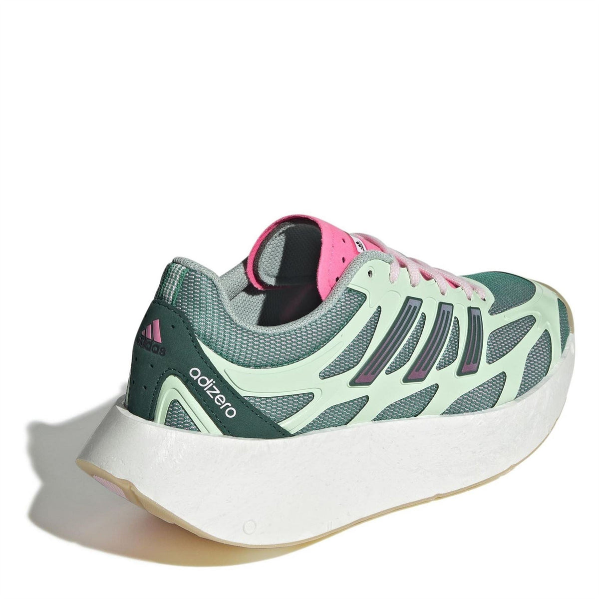 Green and pink low-top sneakers, back view with pink heel tab and white sole