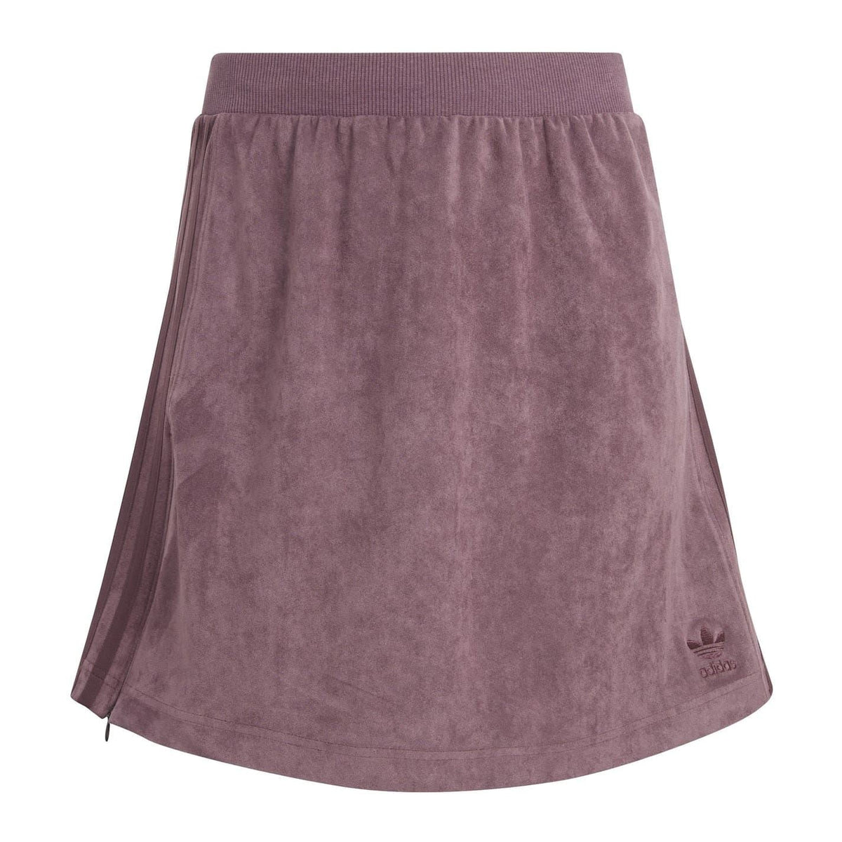 adidas Originals suede midi A-line skirt shown in soft beige with a high waist, stylish and versatile for casual wear.