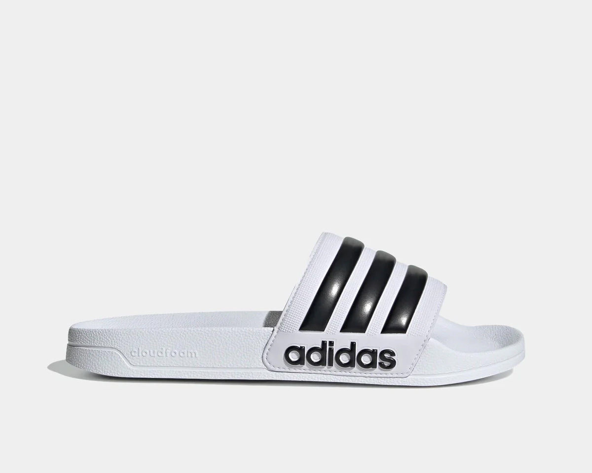 Adilette shower slides in white with black three-stripe strap and adidas logo