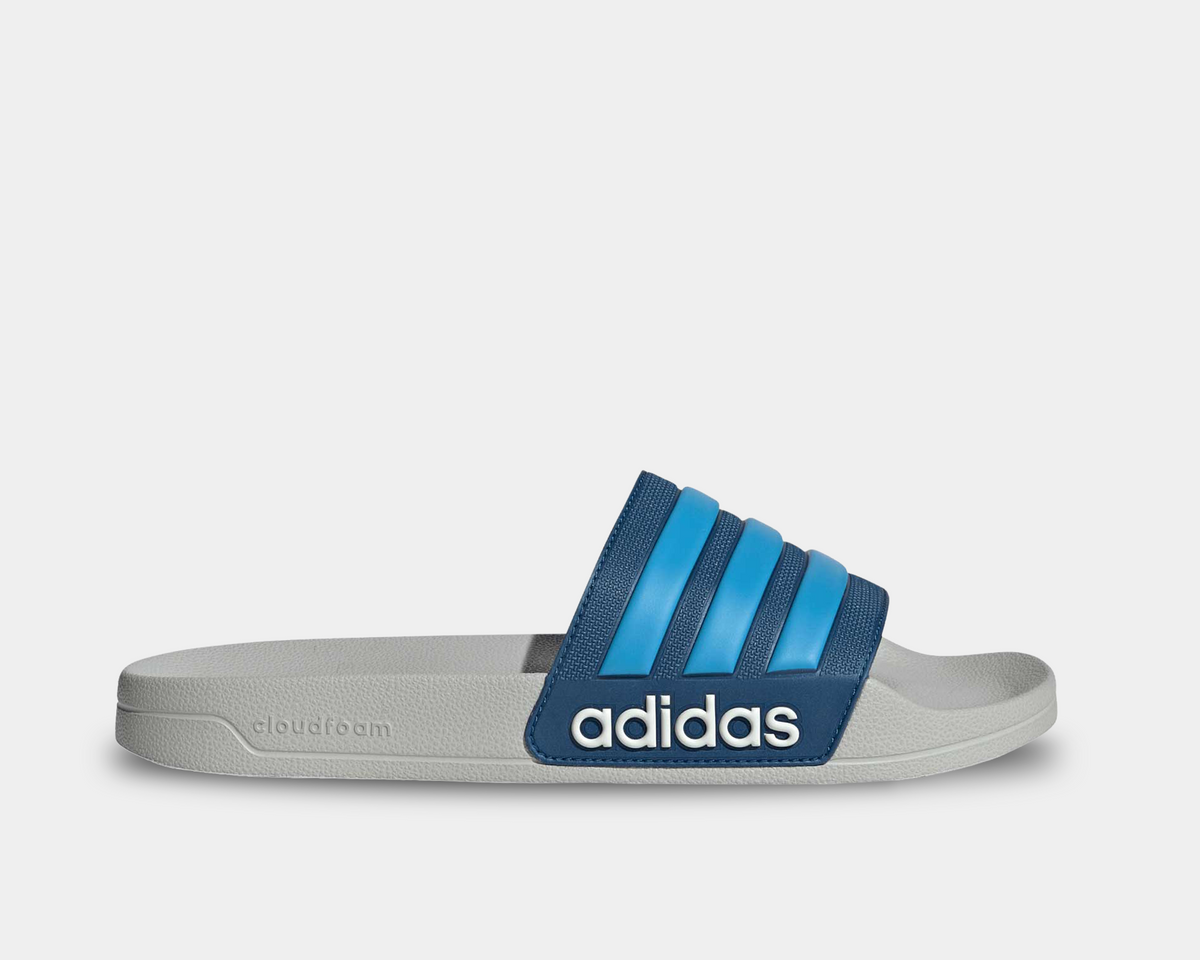 Adilette shower slides with blue three-strap upper and Cloudfoam light gray footbed
