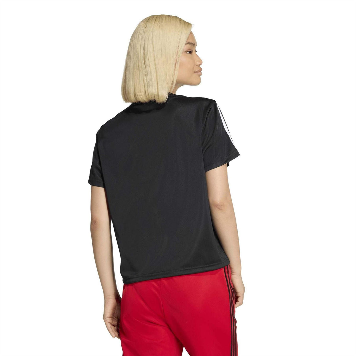 Black adidas Originals Firebird T-shirt back view with plain crew neck