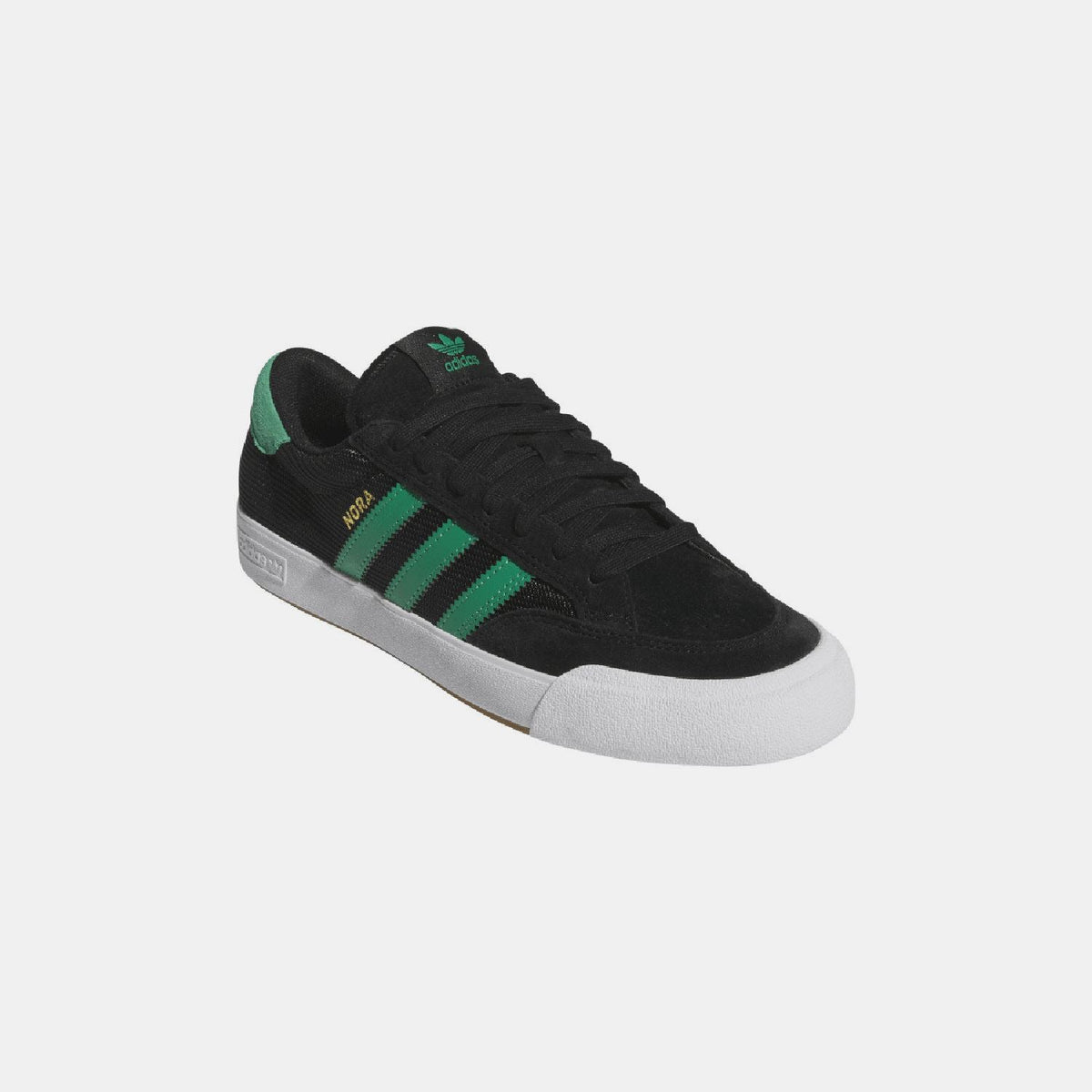 Black adidas Nora trainers with green-striped side, textured upper and white sole