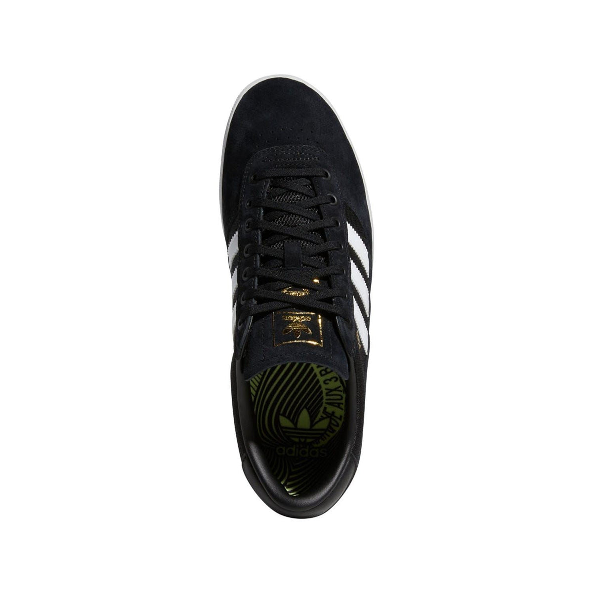Black indoor trainer from toe, lace-up front and adidas logo on inner lining.