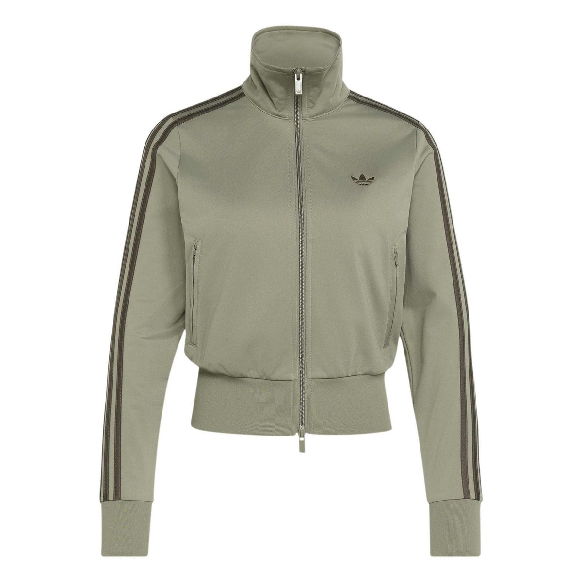 Olive-green zip track jacket top with striped sleeves, stand collar, and adidas trefoil