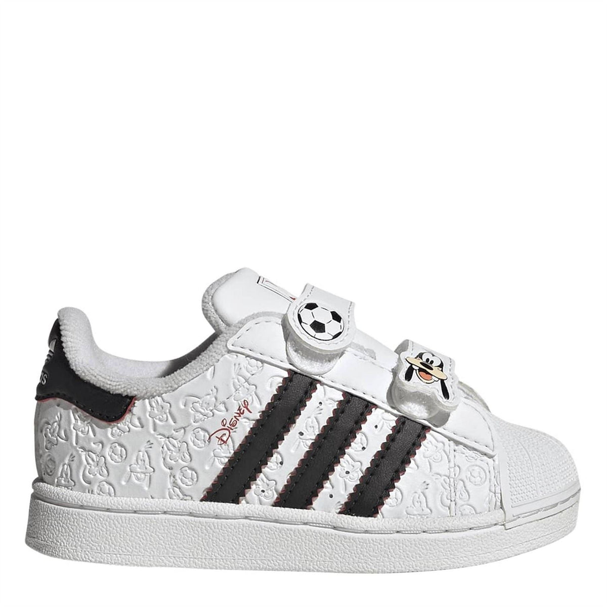 Infants white adidas Mickey Mouse shell toe sneakers with black 3-stripes and soccer patch
