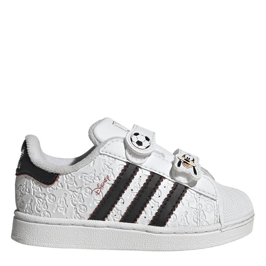 Infants white adidas Mickey Mouse shell toe sneakers with black 3-stripes and soccer patch