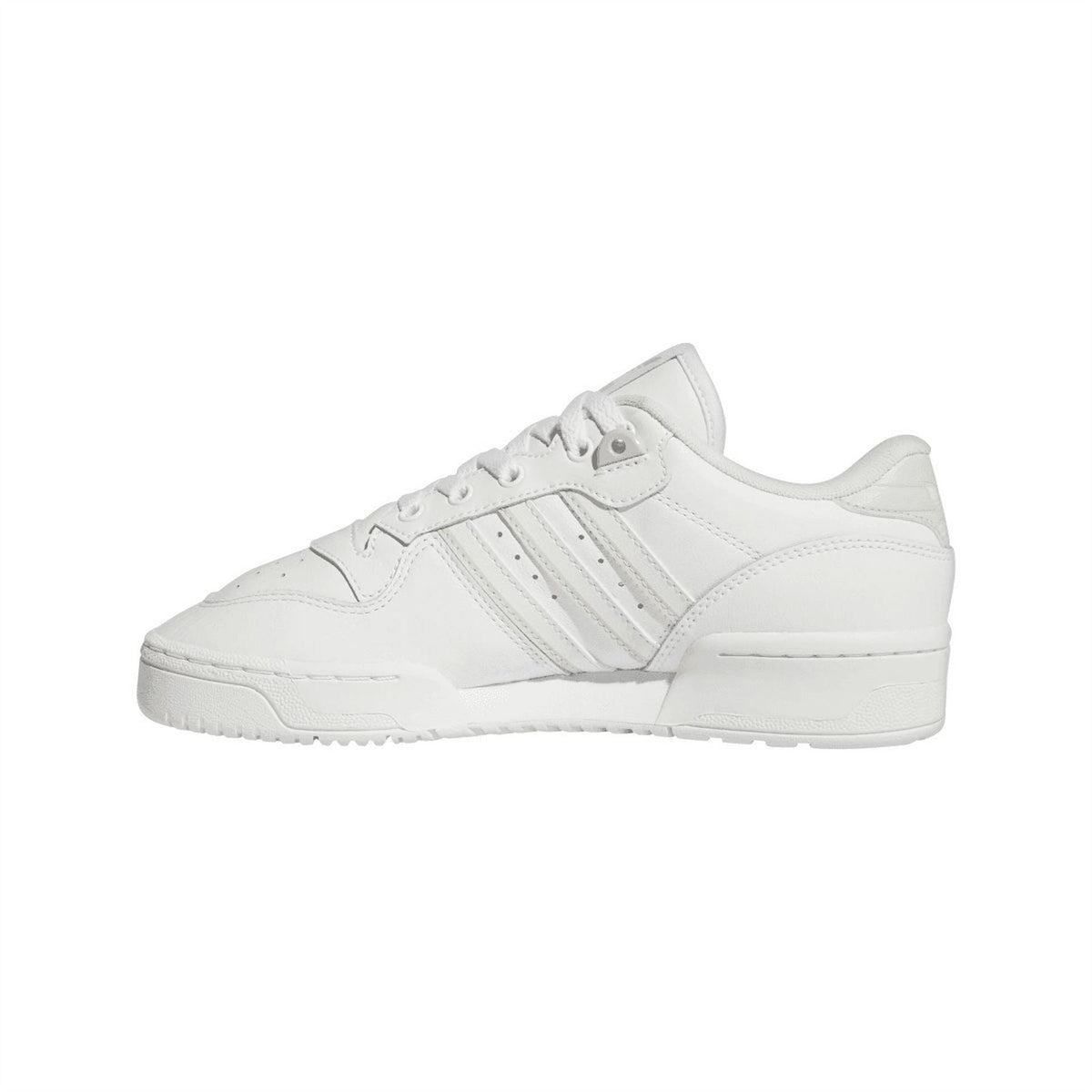 White low-top trainers with lace-up eyelets, three stripes, and perforated toe panel.