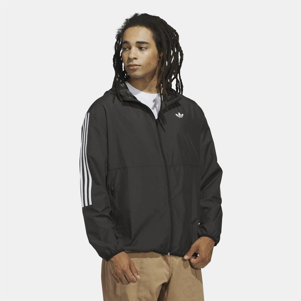 Black hooded windbreaker jacket with front zip and adidas Originals trefoil logo