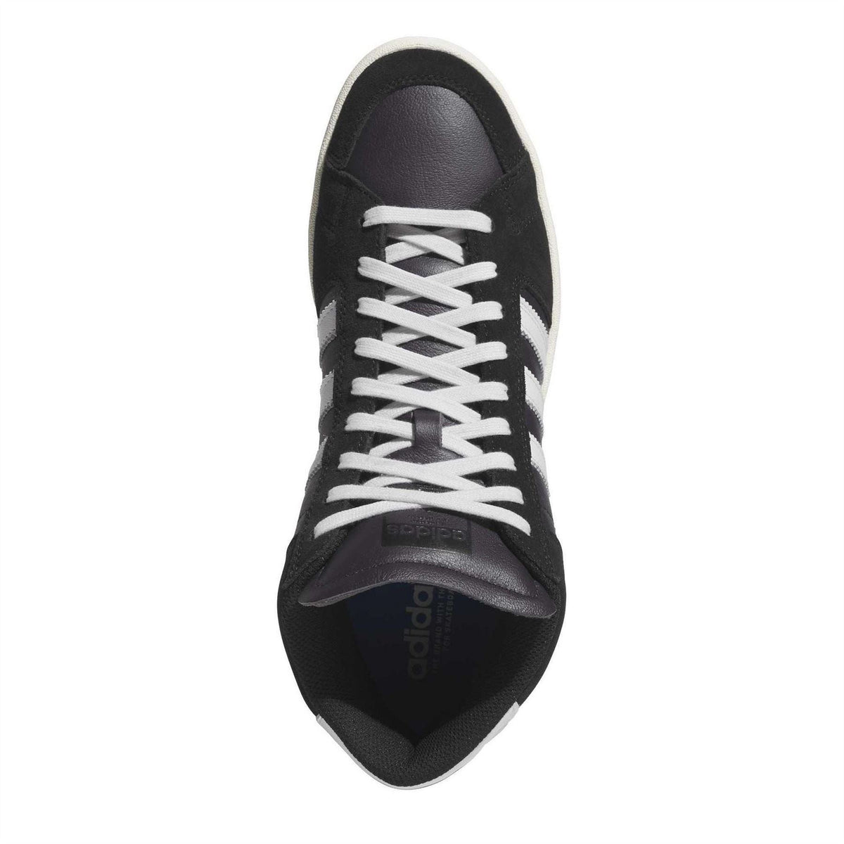 Black lace-up sneakers with white striped laces and adidas branding on tongue