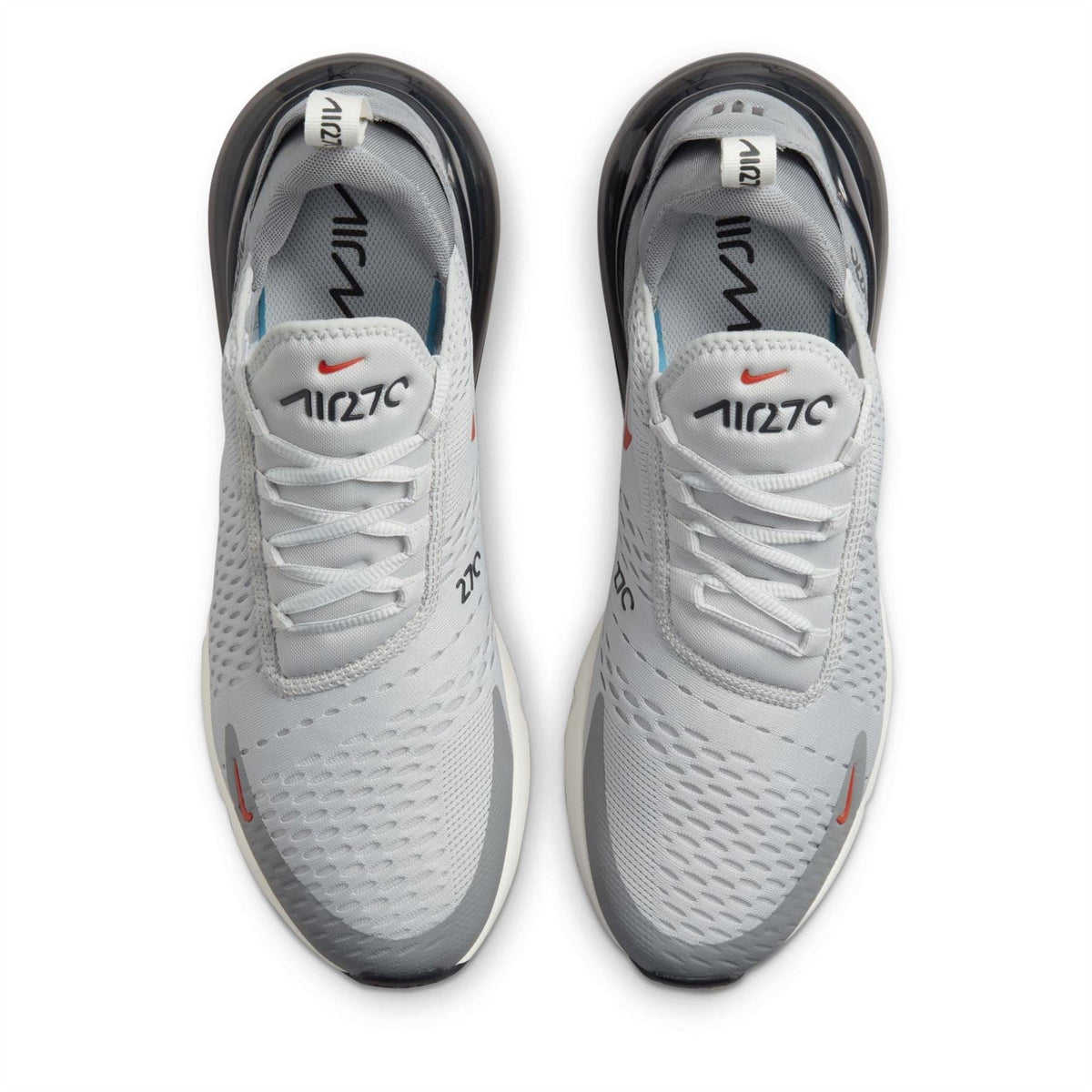 Nike Air Max 270 trainers, top view, light grey uppers with Air Max 270 branding