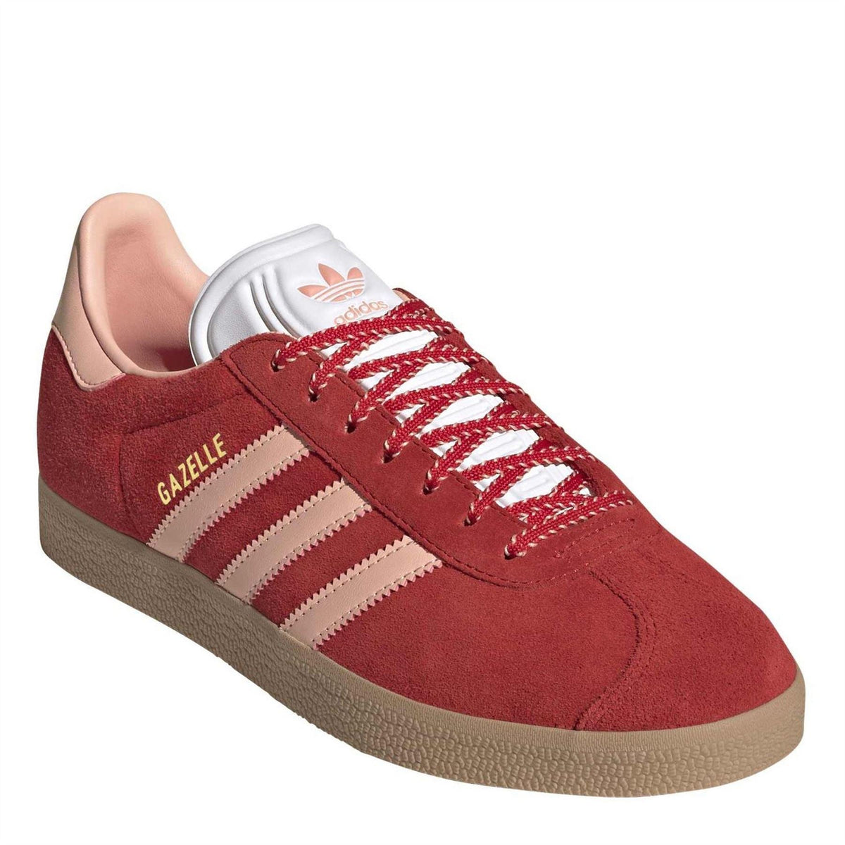 Red suede Gazelle trainers, white 3-Stripes, red laces, and textured tan gum sole
