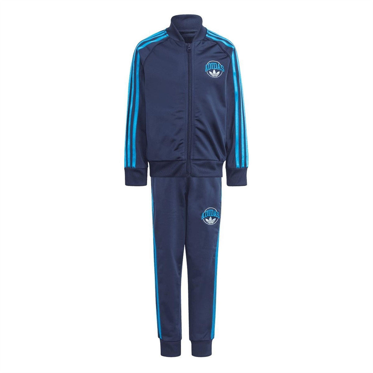Indigo adidas tracksuit set with blue side stripes, zip jacket and matching joggers