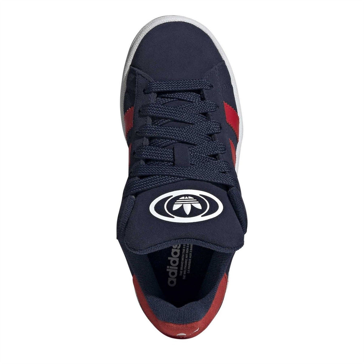 Kids sneakers, navy upper with red collar lining, lace-up front with adidas logo