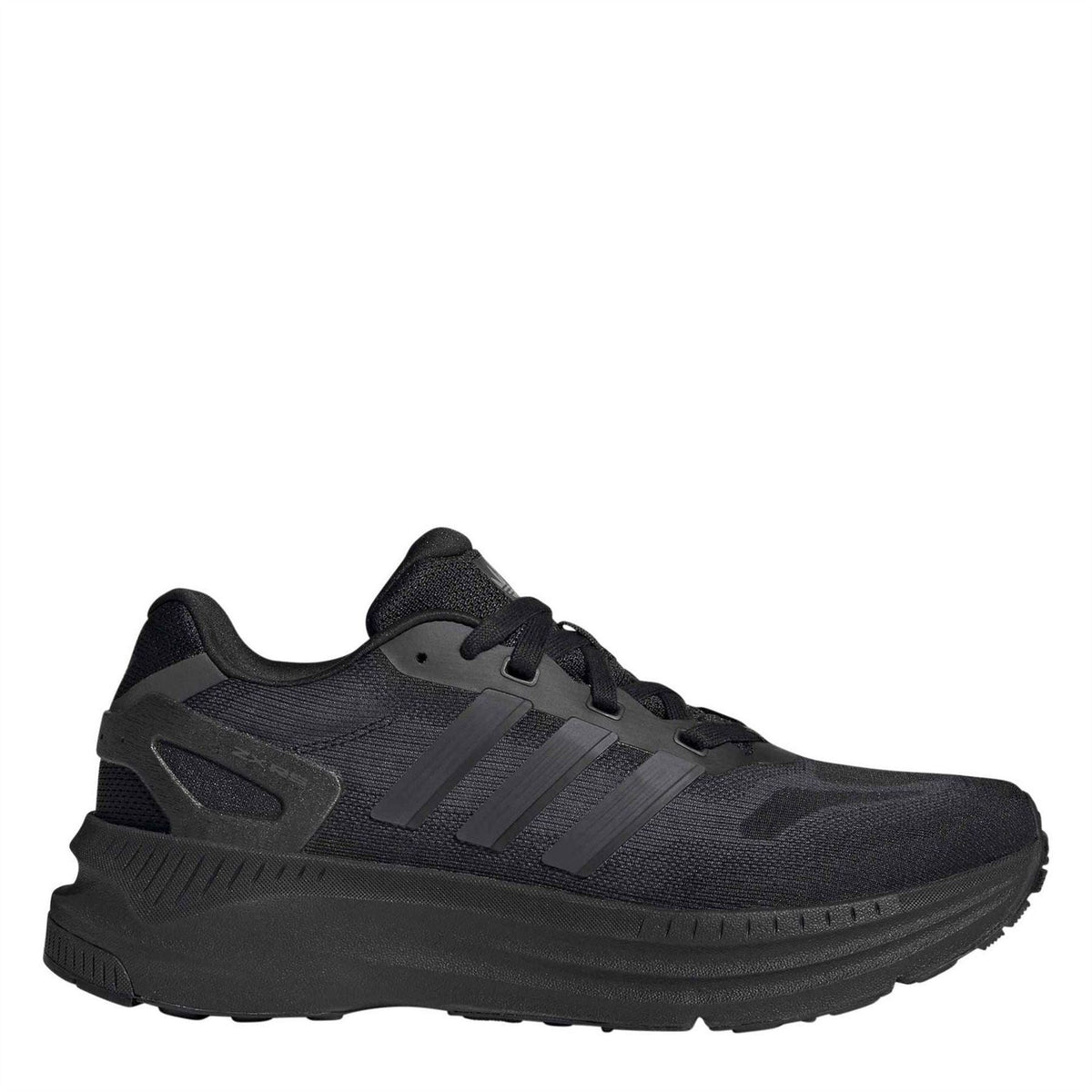 Black low-profile lace-up shoe with textured mesh upper and grippy rubber outsole