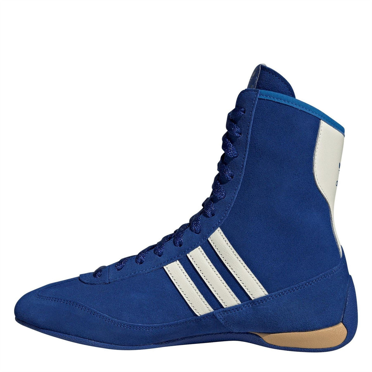 Blue mid-top sneaker side view with lace-up front, white stripes, and tan rubber sole