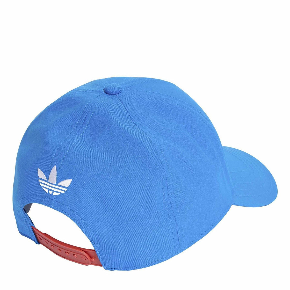 Blue snapback cap with adidas trefoil embroidery and red adjustable strap underside