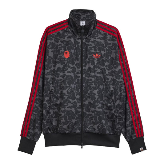 Black camo track jacket with red zip, stand collar, and side stripes