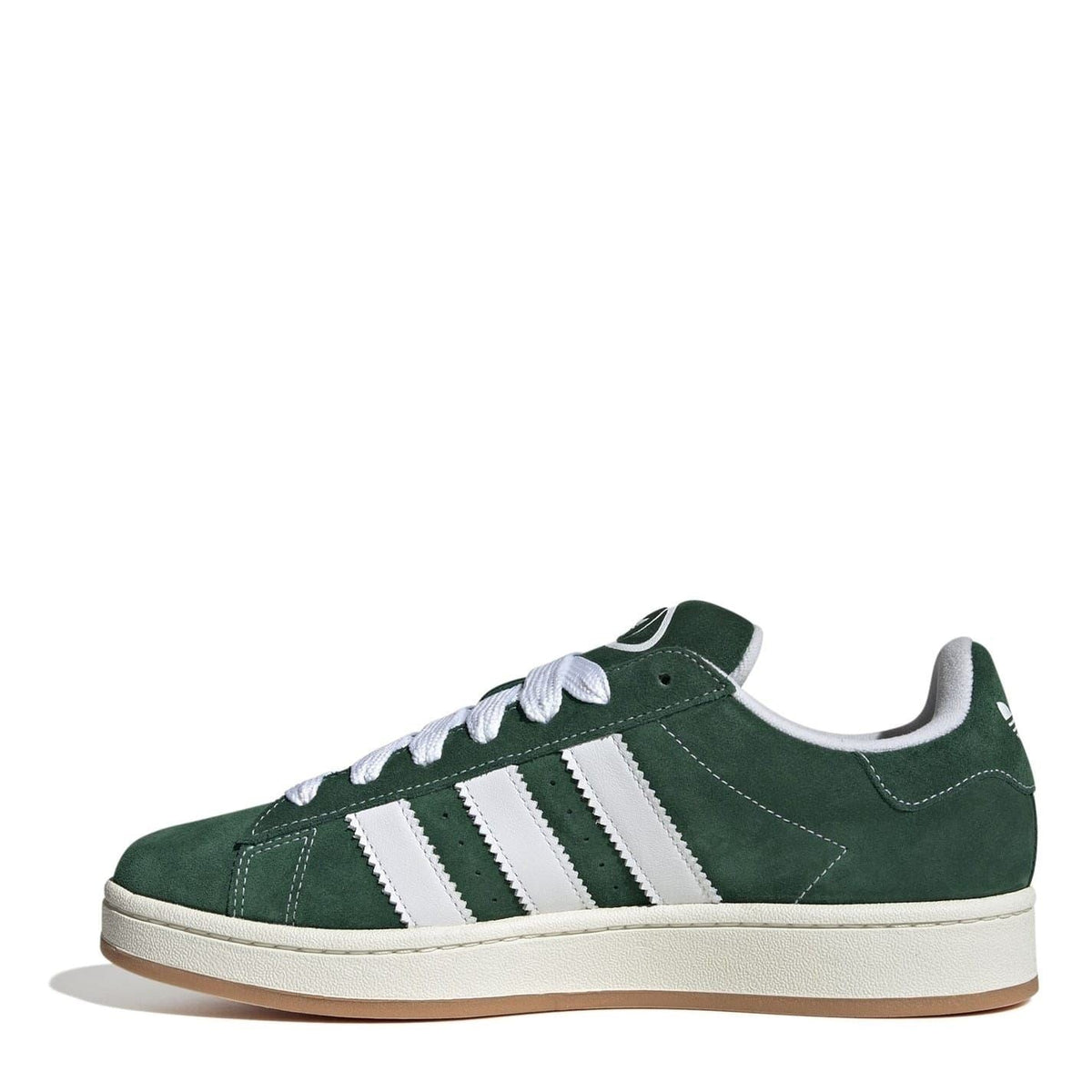 Dark green low-top trainers with white side stripes, lace-up front and off-white sole