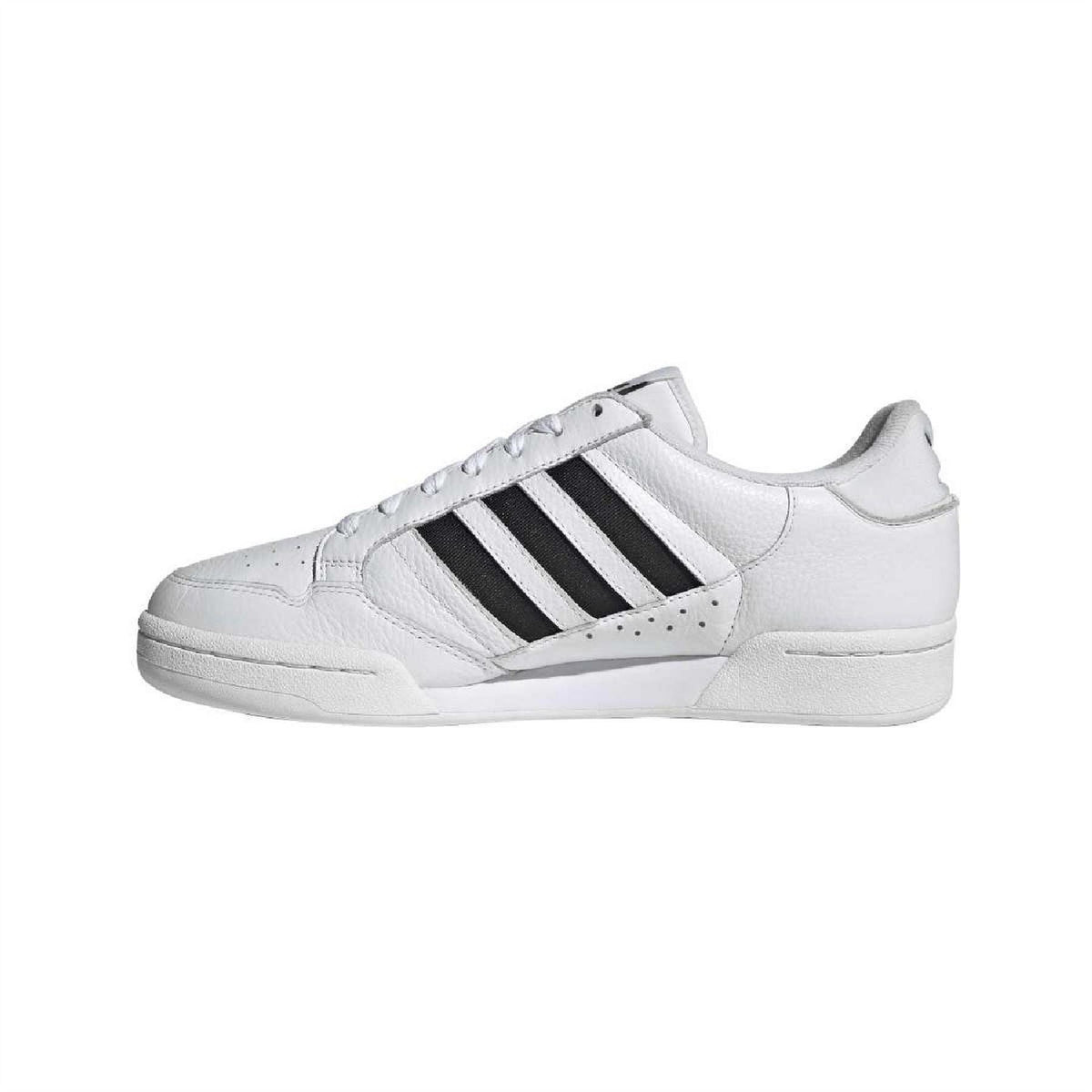adidas Originals Continental 80 Stripes trainers showing white leather upper, retro design, and blue and red accents