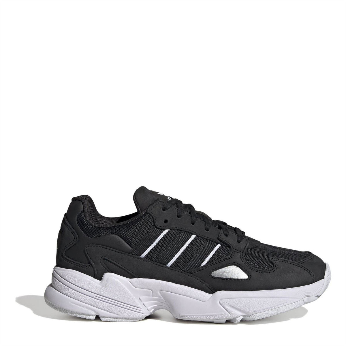 Black low-top lace-up sneakers with white 3-stripe detail and white chunky sole