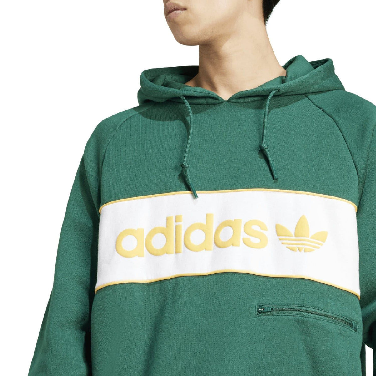 Green adidas Originals hoodie with white chest logo band and drawstring hood