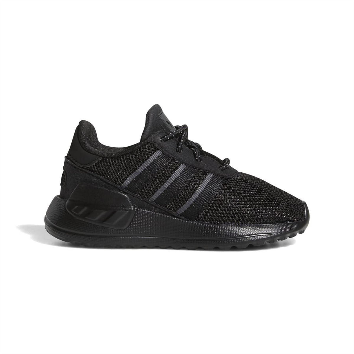 adidas Originals infant trainers in black with grey stripes, lace-up knit upper
