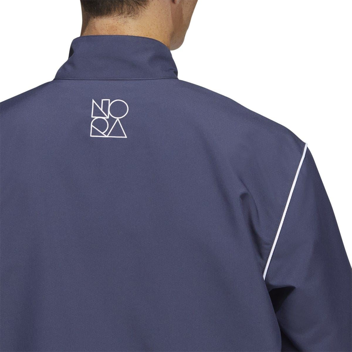 adidas navy track jacket close-up of back stand collar logo and white piping